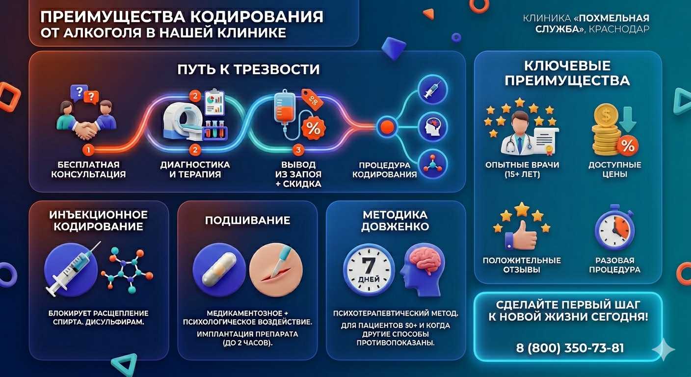 Инфографика о методах кодирования от алкоголя в Черлаке: инъекции, подшивание, метод Довженко. Преимущества клиники и этапы лечения.