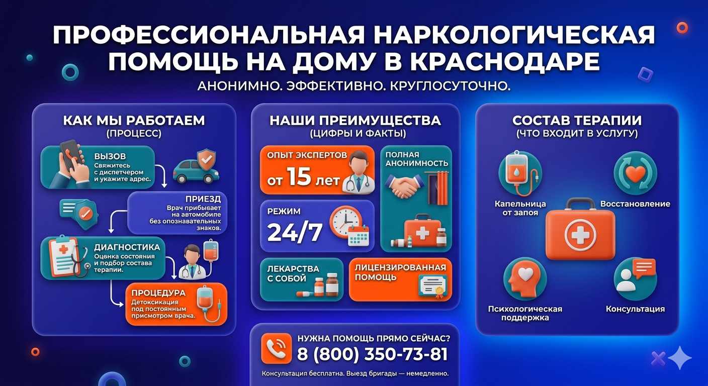 Инфографика о принципах лечения алкоголизма на дому в Черлаке: этапы вызова нарколога, преимущества анонимной детоксикации и состав медицинской помощи.